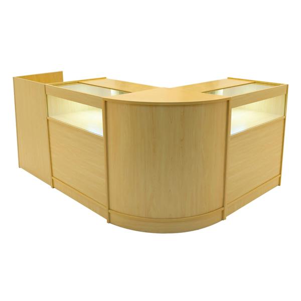 Luna LED Shop Counter Set in maple finish, featuring a modern curved design with illuminated display areas for products