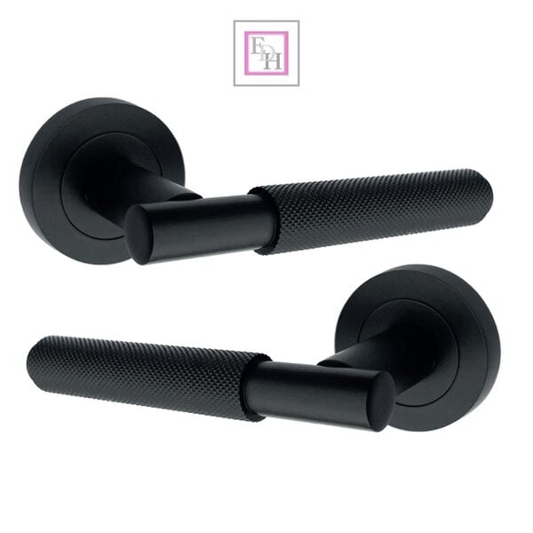 EDH Door Hardware Knurled Door Handles on Round Rose – Polished Chrome, Matt Black & Satin Nickel