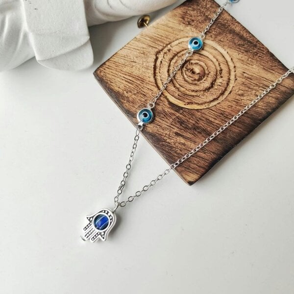 The Colourful Aura Half Evil Eye Necklace Hamsa Charm Silver Protection Choker Necklace