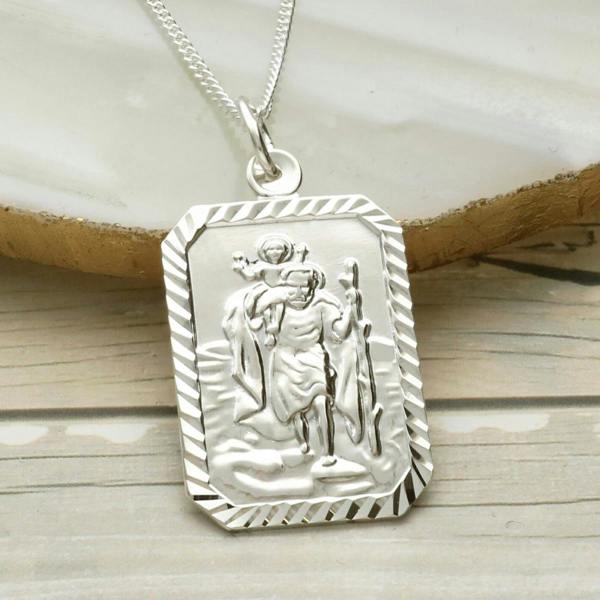 Christopher James of London Sterling Silver Diamond Cut Large Rectangle St Christopher Pendant With Optional Engraving and Chain