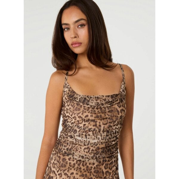 Pink Vanilla Animal Mesh Cowl Godet Dress