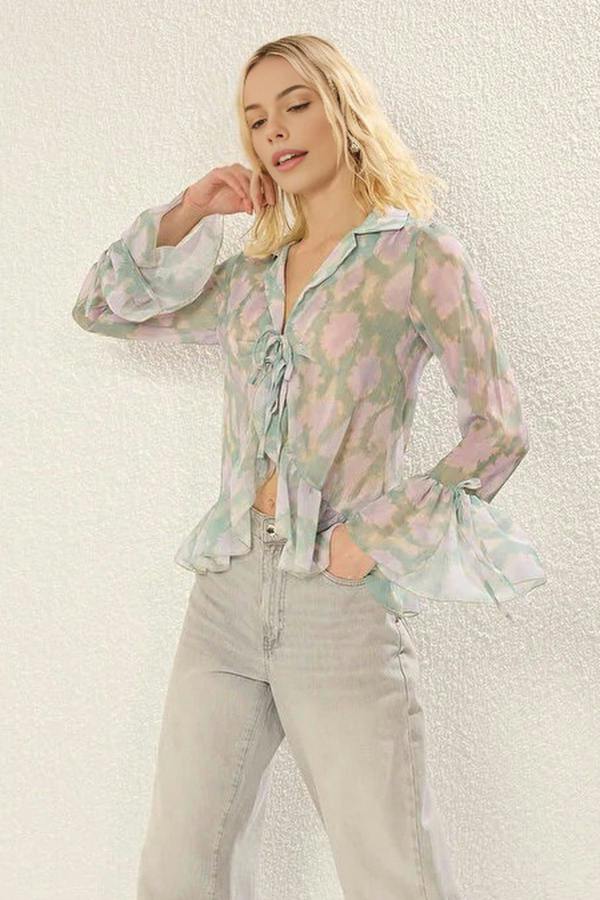WOVCOR Tie-up Woven Shirt with Ruffle Detail on Front and Sleeves
