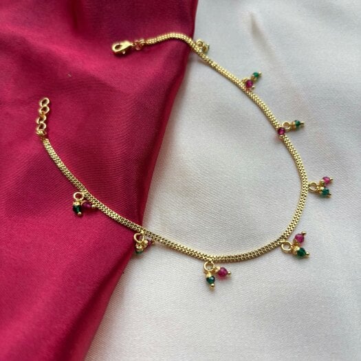 The Colourful Aura Golden Brass Rounds Red Green Beads Indian Payal Anklet