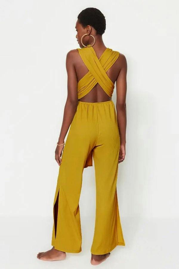 WOVCOR Woven Slit Maxi Beach Jumpsuit