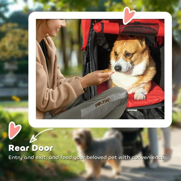 Red pet stroller with rear door opening as a person reaches toward a dog inside