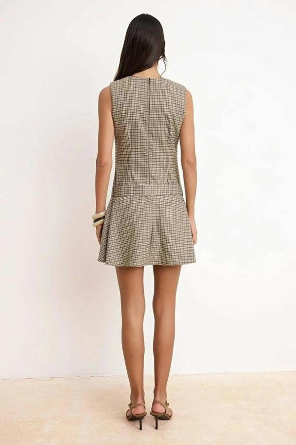 WOVCOR Belt Detail Plaid Mini Woven Dress