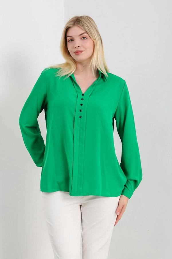 Hoxton Gal Oversized Long Sleeves Blouse Shirt with Button Details in Green