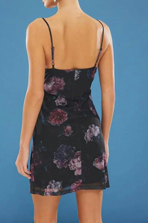 WOVCOR Strappy Floral Print Tulle V-Neck Skater Mini Knitted Dress