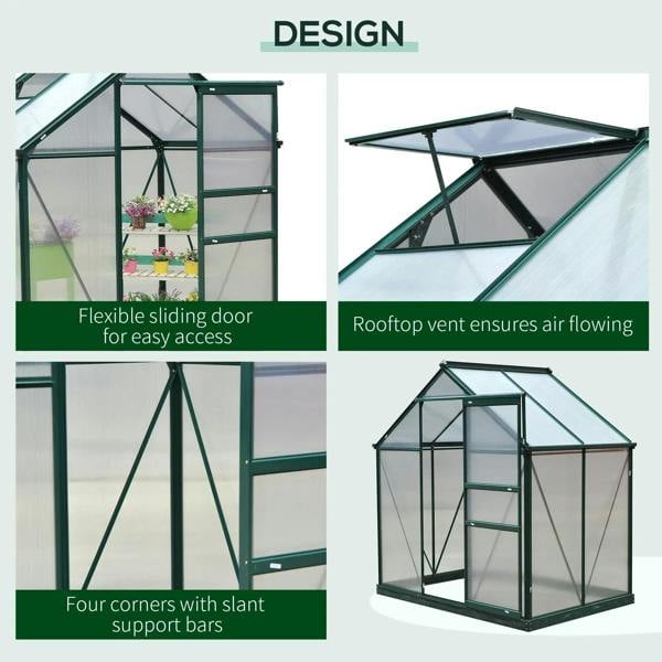 Dark green polycarbonate greenhouse with rooftop vent and corner support bars