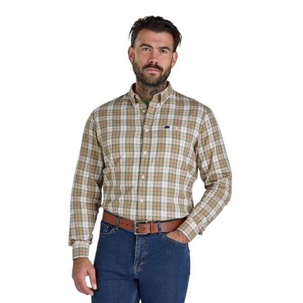 Raging Bull Mens Suffolk Checked Twill Long-Sleeved Shirt - Tan - 