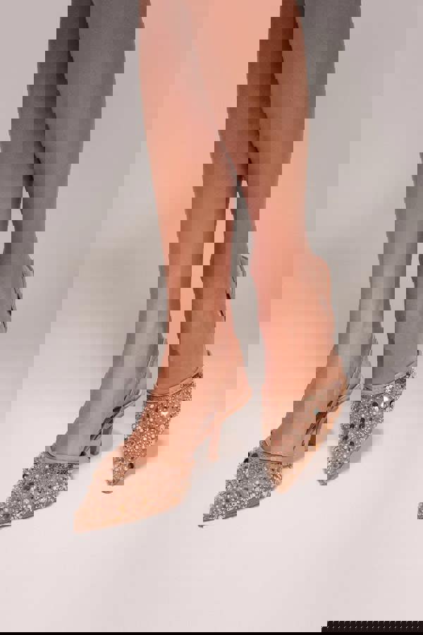 Beaded Sequin Low Heel Slingback Shoes - Nude SH15
