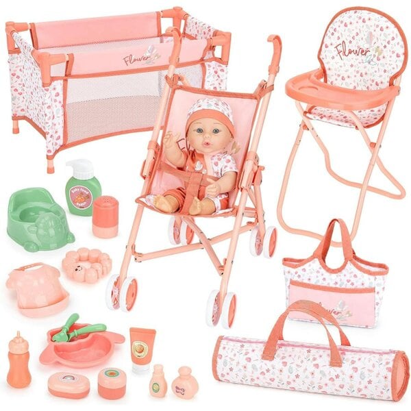 deAO Baby Doll Stroller Nursery Playset with 12" Doll, Crib, High Chair & Accessories (Ages 3+)