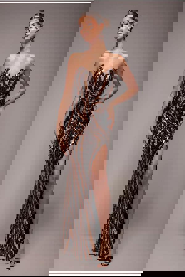 Strapless Multi Sequin Maxi Dress - Bronze DR4566