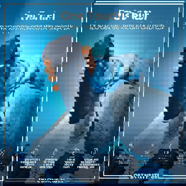 A dark-grey stainless steel water bottle is held; its flip top opens one-handed. The bottle is shown against a bright blue background. "One Touch," "Flip top opens one-handed with a simple click," "Flips open with a simple click," "One-handed use on the go," "Triple lock security," "100% leak proof - no twisting, no leaks," and "POD STAINLESS STEEL" are written.