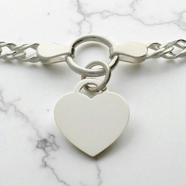 Christopher James of London Sterling Silver Ladies Heart on Fancy Double Curb Chain Bracelet With Optional Engraving
