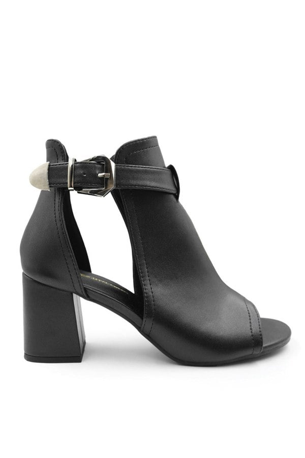 Where's That From Lisa Wide Fit Block Heel With Side Buckle and Open Toe Front in Black Faux Leather