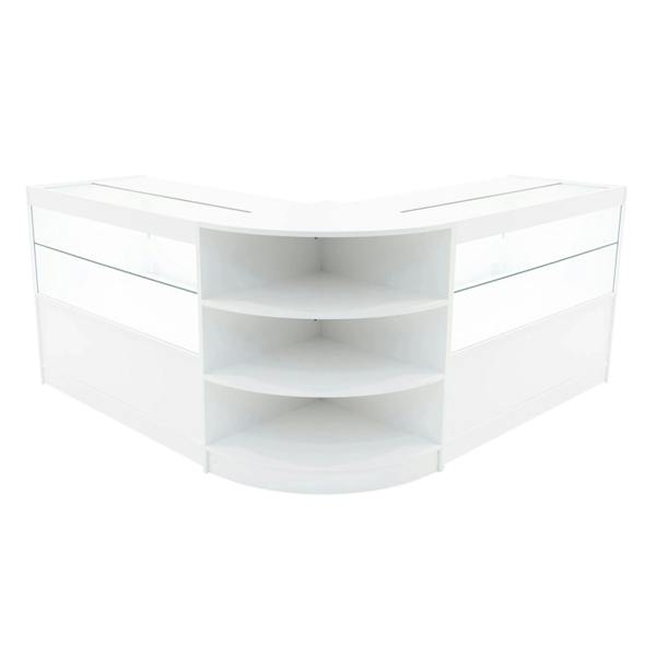 White Andromeda LED shop counter set featuring a sleek, modern design with glass display sections and curved edges for stylish retail presentation