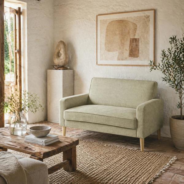 Wyld Haus Vikava Beige Velvet Upholstered 2 Seater Sofa Natural Wooden Legs