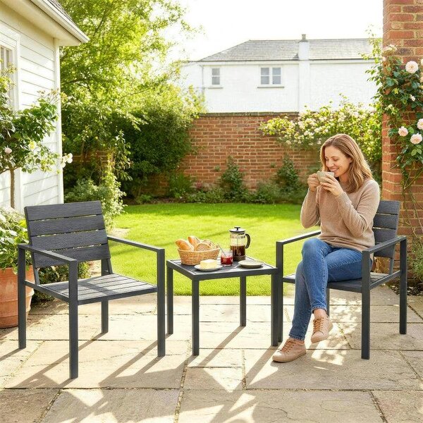 3 Pieces Garden Bistro Set for 2, Outdoor Bistro Table and Chairs with Metal Frame, Plastic Patio Furniture Set