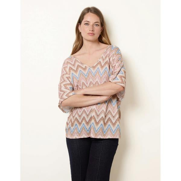 Blue Vanilla Zig Zag Metallic Bow Back Top