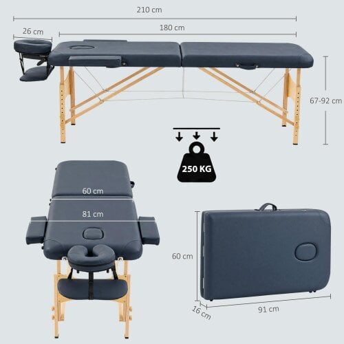HOMCOM Wooden Folding Spa Beauty Massage Table w/ 2 Sections, Dark Blue