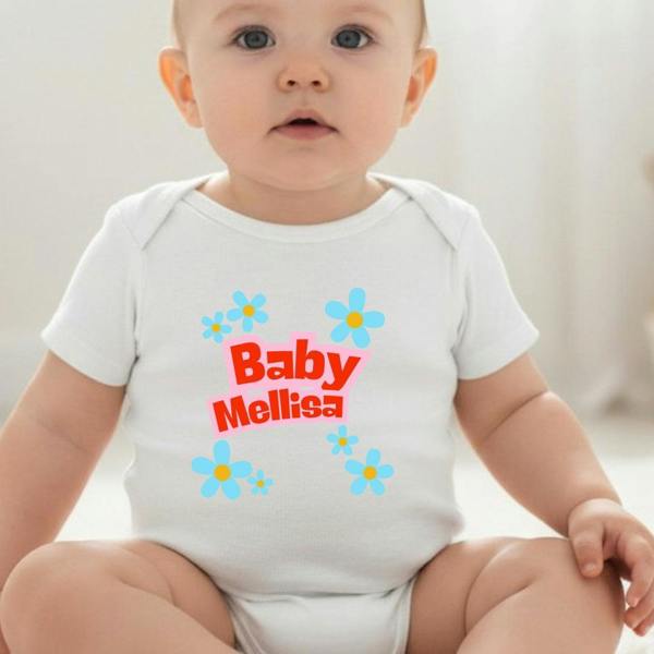Personalised Blue Daisy Baby Grow, Vest or Bib with Name