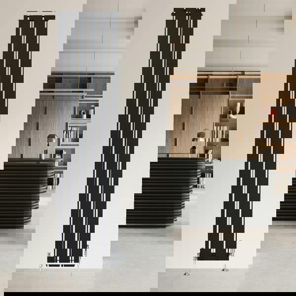 Sleek black flat single column radiator, 1800 x 420mm, mounted on a wall, featuring vertical lines and modern design elements