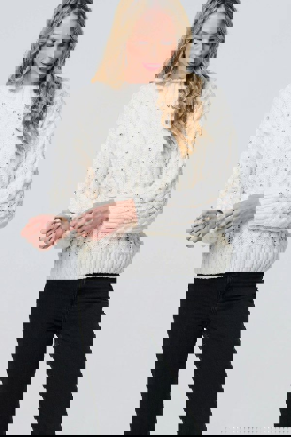 White | Sequin Embellished Cable Knit Jumper
