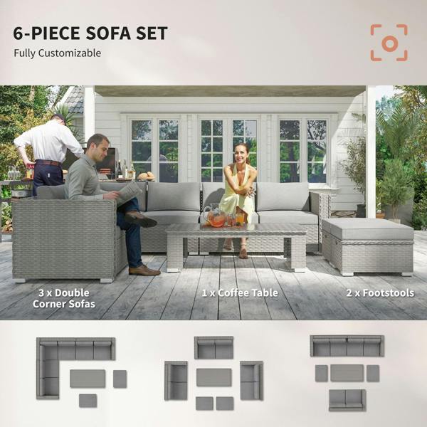 Wyld Haus Rava Faux Rattan Grey 8 Seater Corner Sofa Set With Glass Coffee Table And Footstools