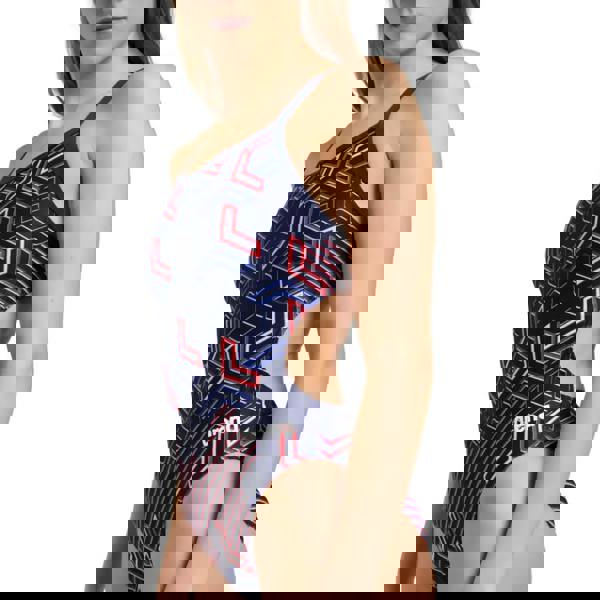 Arena Kikko Pro Challenge Back Swimsuit in navy multi with blue red geometric pattern