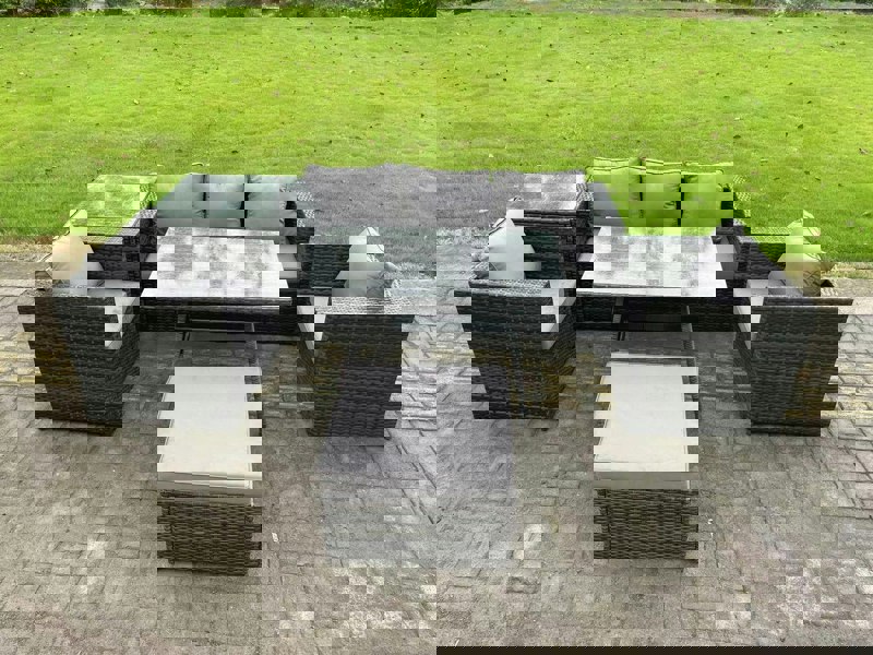 Fimous 6 Seater Wicker Rattan Outdoor Furniture Garden Dining Set with Sofa Oblong Dining Table 2 Armchairs Stool Dark Grey Mixed