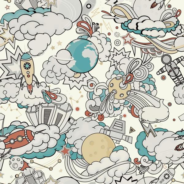 Grandeco Retro Comic Space Rocket Nursery Textured Wallpaper, Blue