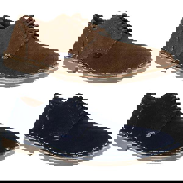 Lambretta Clerkenwell Mens Casual Derby Suede Lace Up Shoes, brown and navy blue casual derby shoes made of suede with lace-up closure and white stitching.