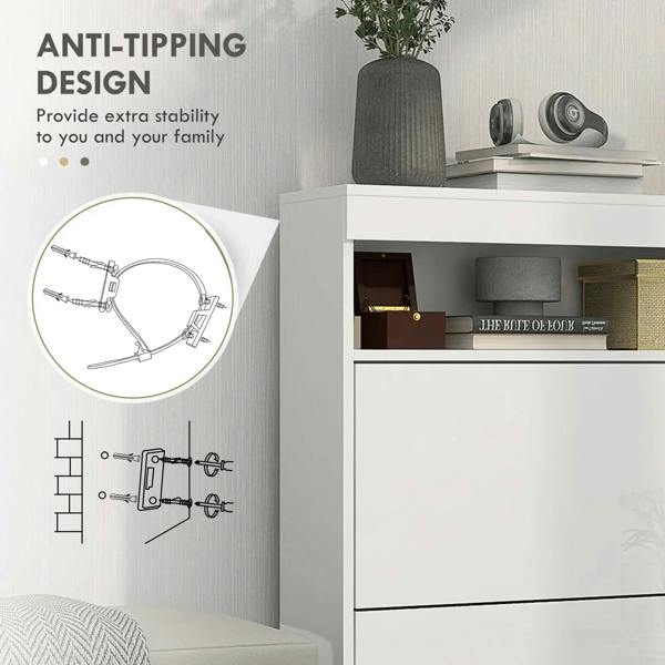 High-gloss white shoe storage cabinet with flip doors and anti-tip design