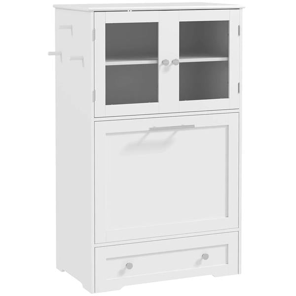 White dog feeding station cabinet with two top doors, shelves, and two drawers