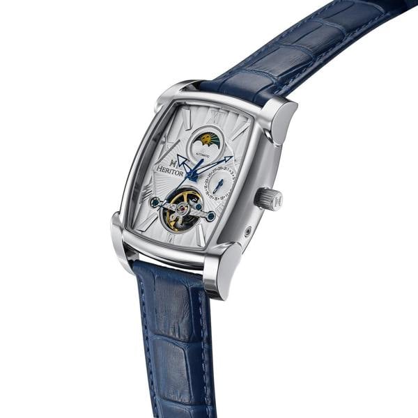 Heritor Automatic Valentin Leather-Band Watch w/Date - Silver/Blue - HERHS4403
