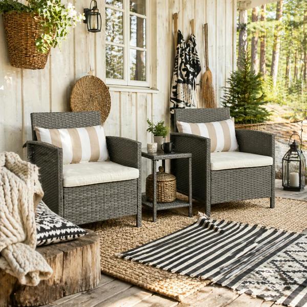 Wyld Haus Reha Rattan Light Grey 3 Piece Garden Bistro Set With 2 Tier Glass Table And Stripe Cushions
