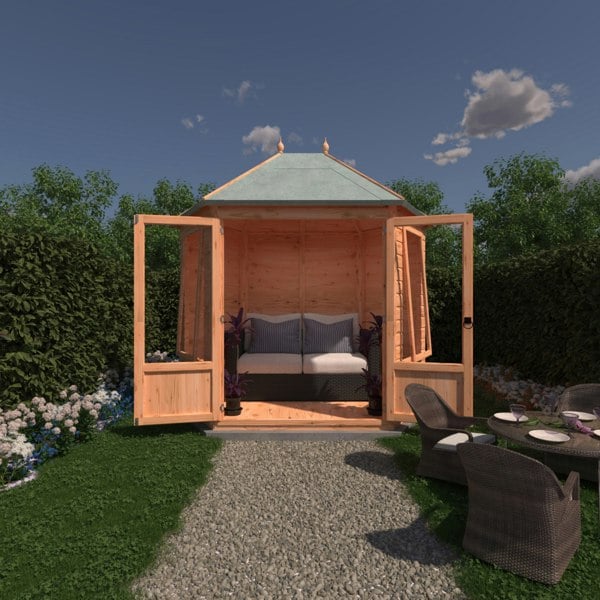 Shire Fleswick Hexagonal Gazebo Summerhouse 8x7 Double doors 12mm Cladding