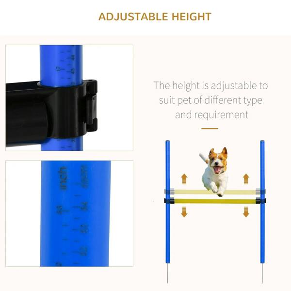 Adjustable-height blue agility hurdle with black connector clamps and stakes