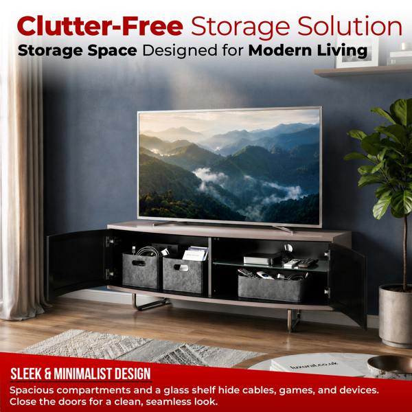 Centurion Supports Centurion Caru Gloss Black Greige Beam-Thru Remote Friendly Super-Contemporary "D" Shape Design 32"-65" LED/OLED/LCD TV Cabinet