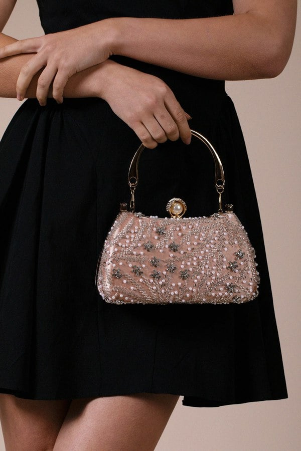 SVNX Floral Beaded Clutch Bag In Champagne
