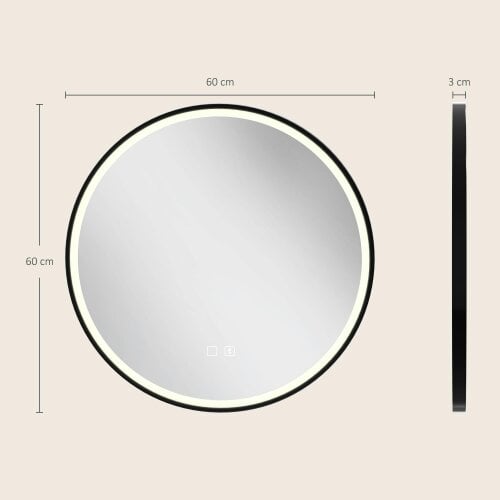HOMCOM LED Bathroom Mirror, 60cm Round Bathroom Mirror, Dimmable, Black