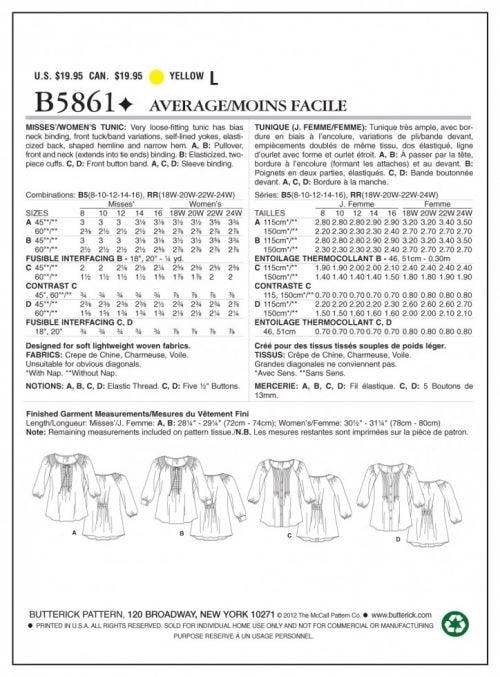 Butterick Sewing Pattern 5861, Tops, Tunics for Women, 8-10-12-14-16 - Intermediate