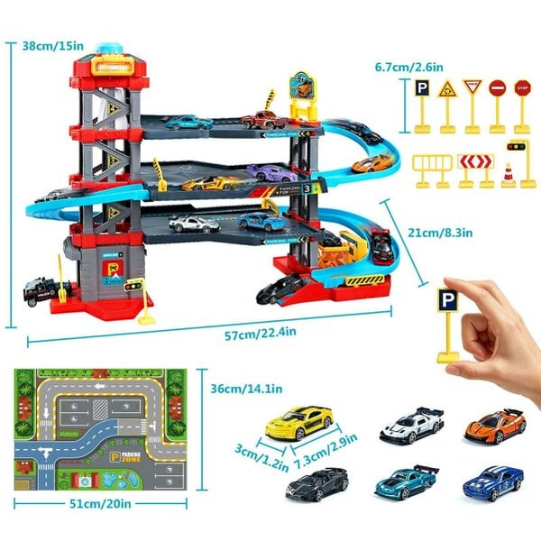 deAO 64-Piece 3-Level Racing Track Garage Playset with Cars, Ramps, Lift & Lights (Ages 3+)