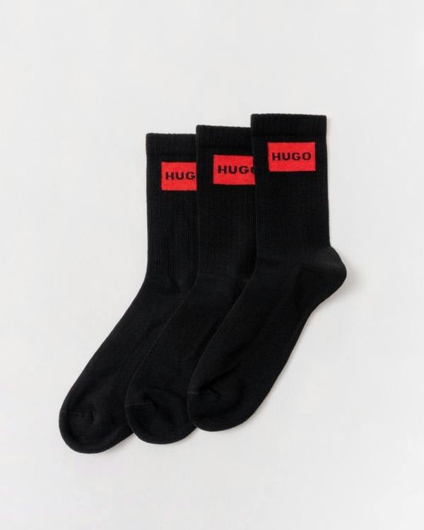 HUGO 3-Pack Quarter Length Combed Cotton Ribbed Mens Socks - CHO - Designer Mens Socks
