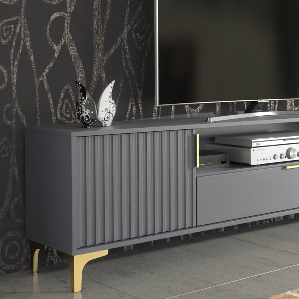 Mex Furniture Luxurious Grey TV Stand with Fluted Doors & Gold Accents – 200cm Media Console