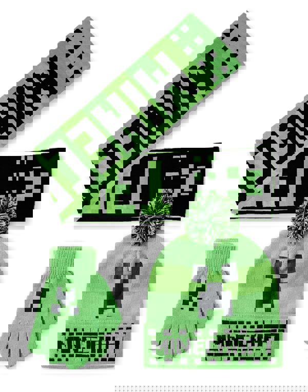 Minecraft Boys Green Creeper Face Beanie , Gloves and Scarf Set (One Size)