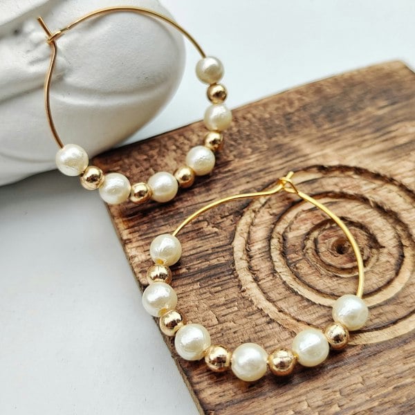 The Colourful Aura Gold White Beaded Dainty 30mm Bali Asian Indian Boho Summer Hoop Earring