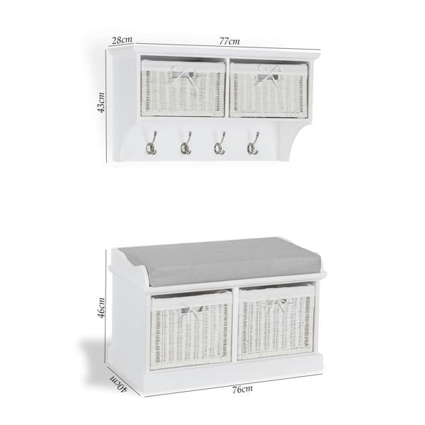 Statement Furniture Tetbury Hanging Shelf with 2 White Wicker Baskets. Wallmounted Coat Rack Assembled