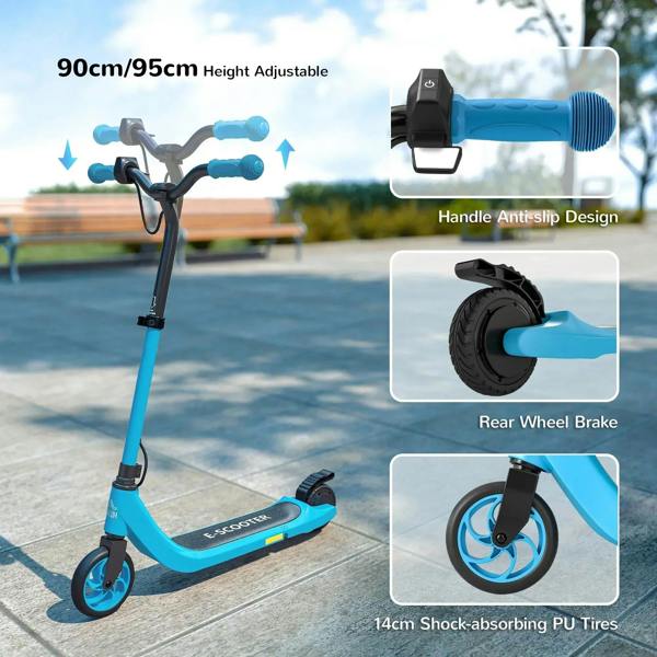 Blue foldable kids electric scooter with adjustable handlebar, anti-slip grips, rear brake
